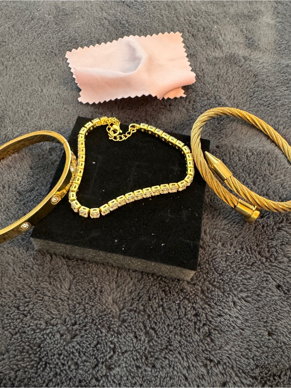 New‎ Lot of 3 Gold Tone Bracelets Cable Cuff Crystal Tennis Hinged Bangle Set